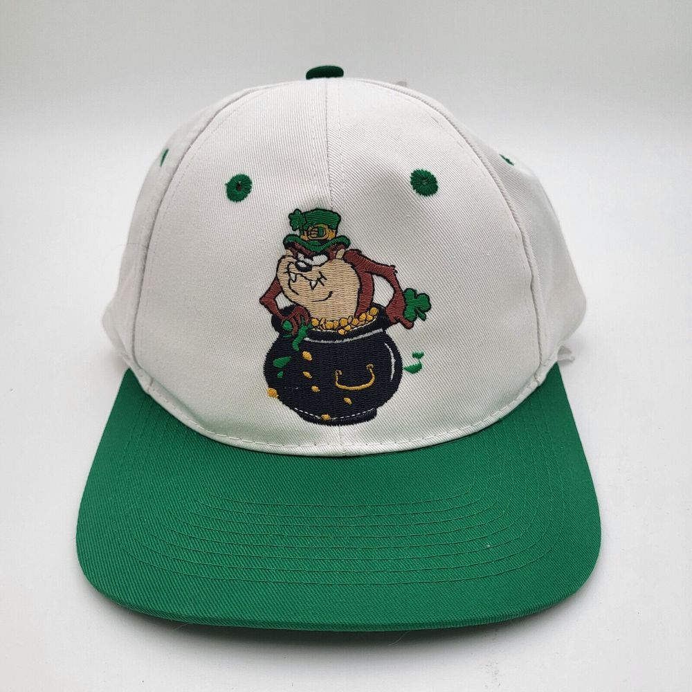 Vtg Taz White Hat Looney Tunes One Size Snapback Pot of Gold St. Patrick's Day